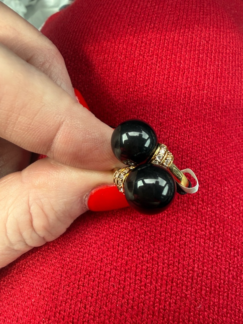 Black Bead Statement Ring with Gold Accents